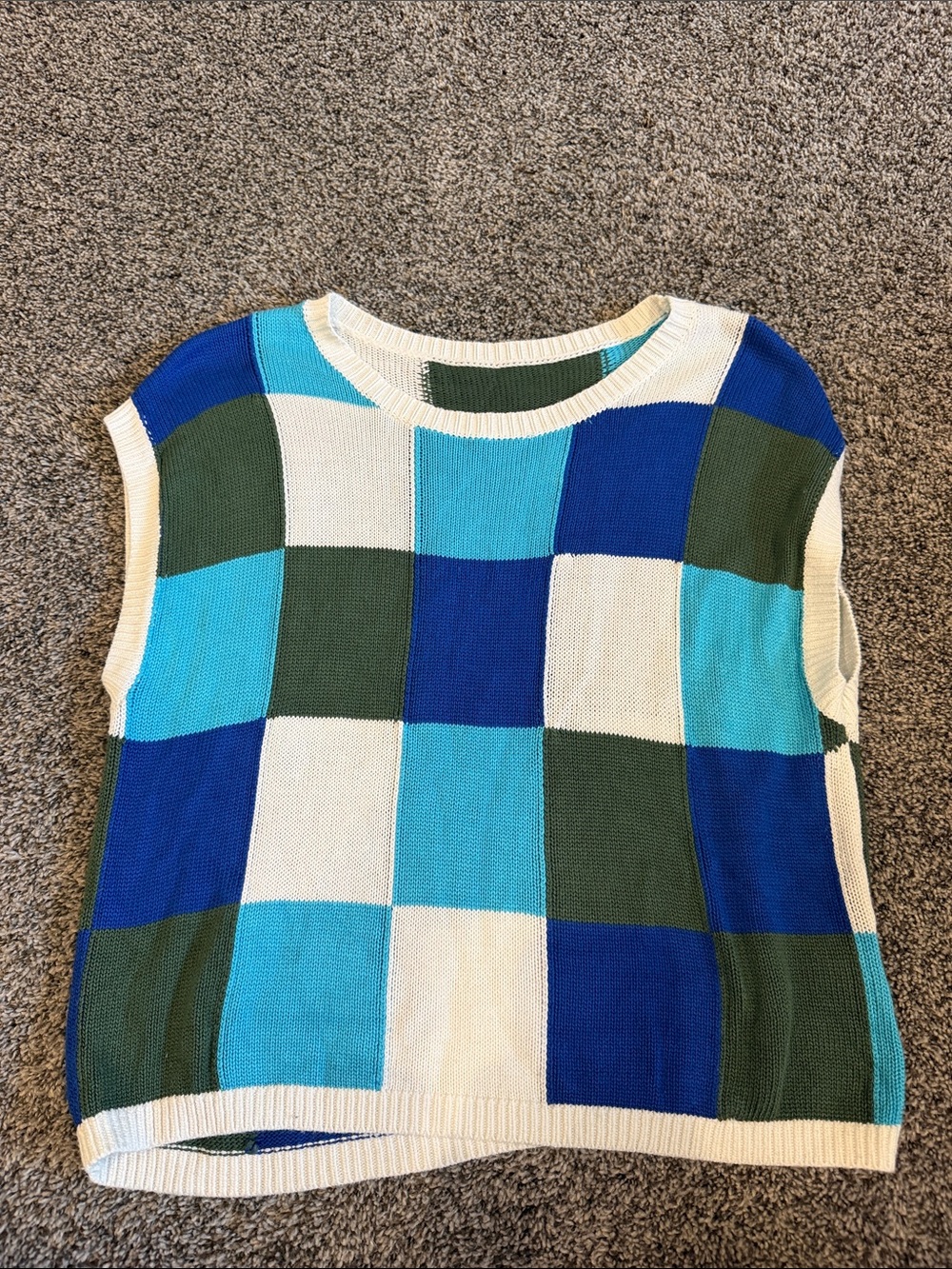 Colorblock Checkerboard Knit Vest in Blue, Teal, Cream & Green
